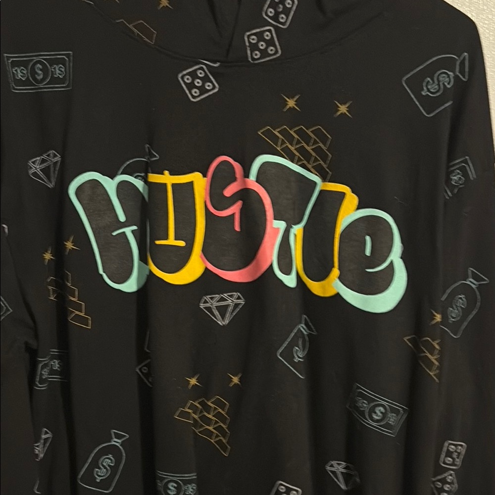 Black Graphic Hoodie with Colorful 'Hustle' Design